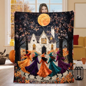 Halloween Witch Quilt Blanket, Autumn Full Moon Quilt, Dancing Witches and Haunted House Blanket, Spooky Season Home Gift, Witchy Blanket
