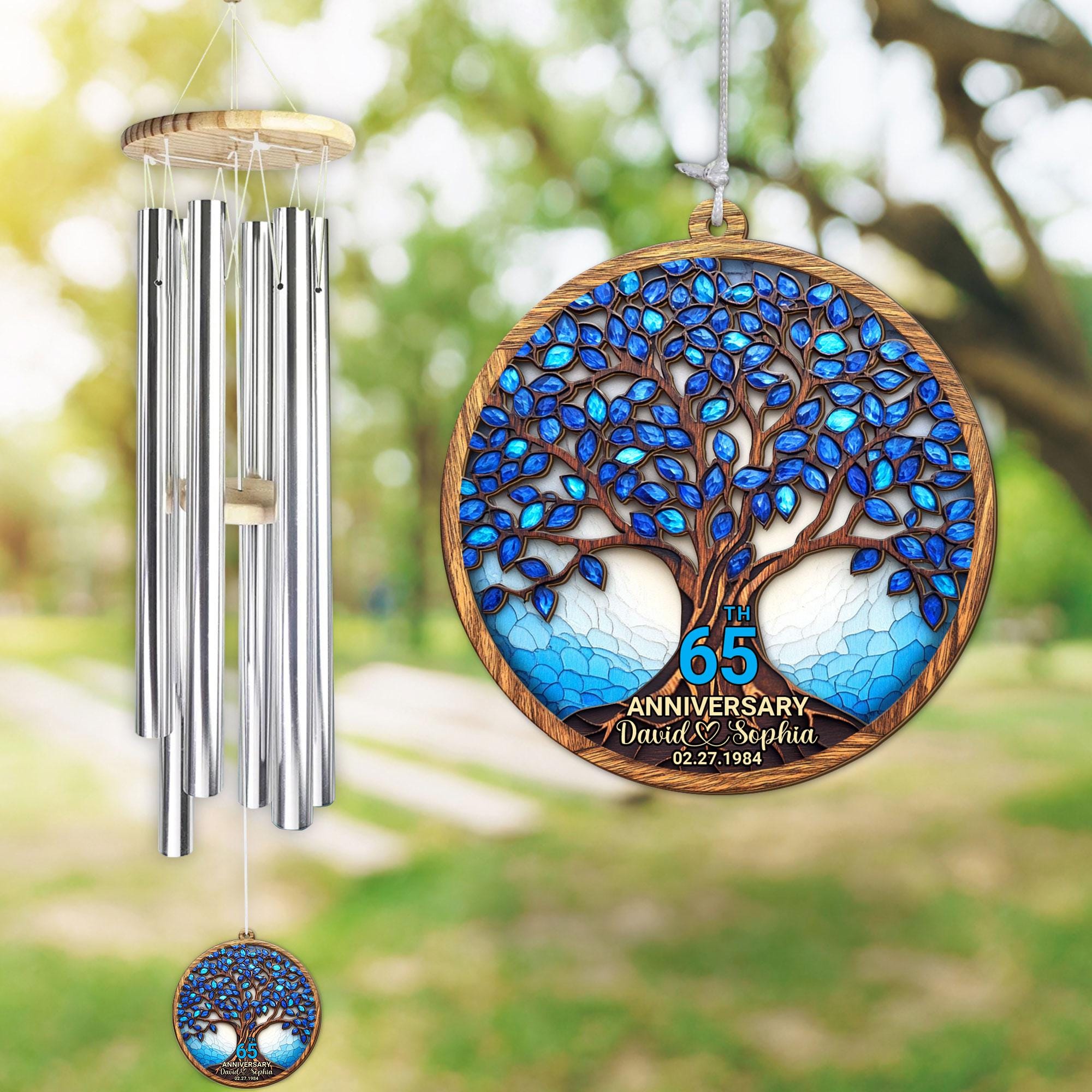 Personalized 65th Wedding Anniversary Wind Chime – Personalized Tree of Life Gift for Couple – Blue Sapphire Anniversary Outdoor Decor