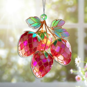 Strawberries Disco Ball Suncatcher, Acrylic Strawberries Window Hanging, Stained Glass Style Fruit Decor for Summer, Birthday Gift for Her