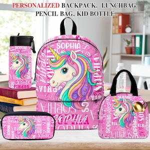 Mochila personalizada con unicornio y letras, lonchera personalizada con unicornio y letras, estuche para lápices con unicornio y letras, botella de agua con unicornio y letras para niños.