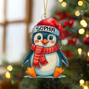 Custom Name Penguin Ornament, Christmas Acrylic Decoration for Children, Cute Winter Tree Keepsake, Holiday Gift Idea for Kids or Family