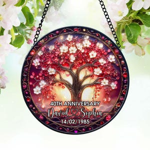 Personalized 40th Ruby Wedding Anniversary Suncatcher, Faux Stained Glass 40th Anniversary, Window Hangings, Gift for Couple, 40th Ruby Gift