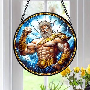 Zeus Faux Stained Glass Suncatcher, God of Thunder Decor, Mythological Lightning Art, Greek God Suncatcher, Powerful Zeus Decor