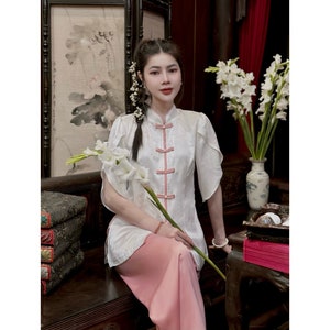 Pre-made - Ao Dai Viet Nam - Bộ làm đi chùa cúc tết ống tay cách điệu tiểu thư sang trọng PP27, Dharma clothes go to the temple