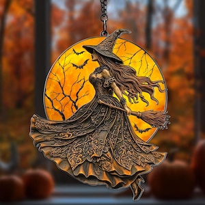 Kundenspezifische schöne Hexen-bemalte Glas-Acrylfenster, die Suncatcher, Halloween-Dekor, Halloween-Hexe und Mond-Verzierung, dunkles gotisches Haus hängen