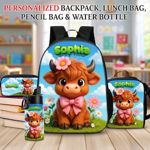 Custom Cute Highland Cow Backpack Set, Personalized Kids School Backpack, Matching Lunch Bag, Pencil Case & Water Bottle, Preschool Gift