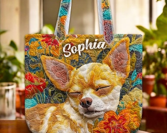 Personalized Chihuahua Quilted Tote Bag, Custom Name Dog Lover Bag