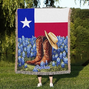 Personalized Flag Texas Wildflowers Quilt Blanket, Texas Bluebonnet Cowboy Boots Tapestry Blanket, Cowboy Boots Texas Cottagecore Tapestry