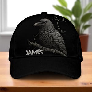 Personalized Black Raven Baseball Cap For Men, Custom Gothic Crow Hat, Halloween Raven Gift For Him, 2D Flat Embroidered Bird Hat