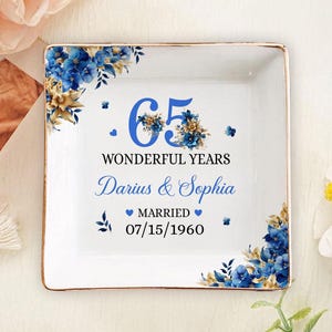 Custom 65th Blue Sapphire Wedding Anniversary Ceramic Ring Dish, Custom Blue Sapphire Floral Jewelry Holder, 65 Years Married Gift