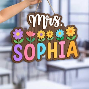 Porta-cartão com nome de professor personalizado, placa de madeira personalizada para decoração de sala de aula, presente de volta às aulas para professores, porta de sala de aula personalizada