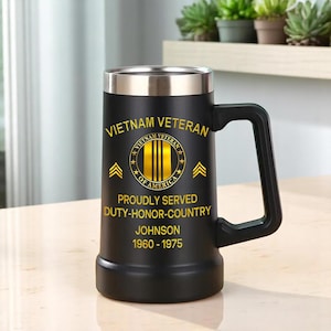 Personalized Vietnam Veteran Beer Tumbler, Proudly Served Duty Honor Country Mug, Custom Military Gift For Army Veterans