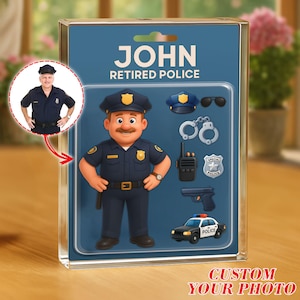 Foto personalizzata di un poliziotto/poliziotto in pensione, scatola in acrilico con finta figura 3D, cartellone pubblicitario con ganci personalizzati per papà poliziotto, cartellone in acrilico