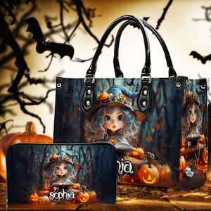 Personalized Beautiful Witch Art Print Handbag With Handle, Custom Spooky Halloween Bags, Trick Or Treat Halloween Bags, Witchy Gothic Bags