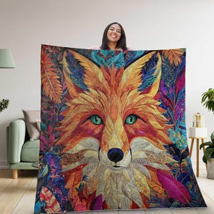 Manta bohemia de zorro vibrante, ropa de cama multicolor con animales del bosque, manta bohemia artística, acogedora decoración de bosque, regalo para amantes de la naturaleza