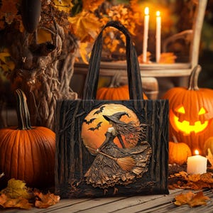 Personalized Beautiful Witch Quilted Tote Bag, Custom Name Spooky Halloween Bags, Trick Or Treat Halloween Bags, Witchy Gothic Bags