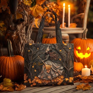 Personalized Beautiful Witch Quilted Tote Bag, Custom Name Spooky Halloween Bags, Trick Or Treat Halloween Bags, Witchy Gothic Bags