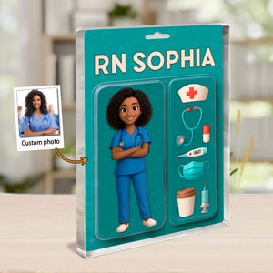 Personalisierte Foto Gesicht schwarze Krankenschwester Faux 3D-Figuren Box Acrylblock, benutzerdefinierte schwarze Faux 3D Cartoon Display Acryl Plaque
