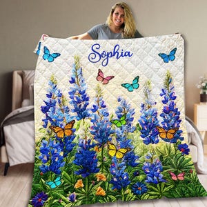 Personalized Texas Wildflowers Quilt Blanket, Texas Bluebonnet Tapestry Throw Blanket, Custom Texas Flower Cottagecore Tapestry