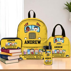 Sac à dos personnalisé pour chauffeur d'autobus scolaire, Sac à lunch, Trousse à crayons, Bouteille d'eau pour enfants, Retour à l'autobus scolaire, Sacs d'école pour tout-petits