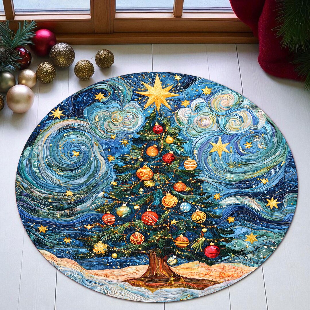 Xmas Tree Rug Starry Night Christmas Tree Round Rug, Christmas Tree Rug Christmas ...