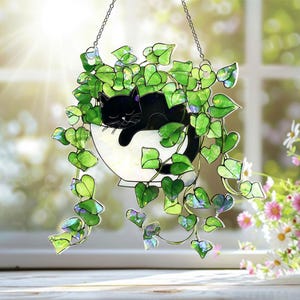 Black Cat Sleeping on Ivy Acrylic Window Hanging, Black Cat Plant Window Hanging, Plant Lover Gift, Ivy Plants Decor, Cozy Cat Decor