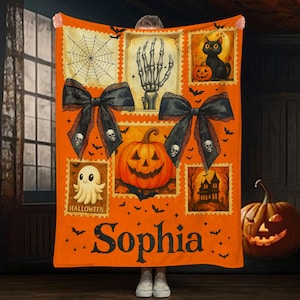 Personalized Halloween Themed Fleece Blanket with Name, Jack O’Lantern Ghost Cat Skeleton Blanket, Holiday Home Décor, Halloween Decor