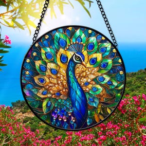 Peacock Faux glas-in-loodraam hangend, Peacock kerstcadeau, Peacock Suncatcher voor natuurliefhebber, verjaardagscadeau voor dierenliefhebbers