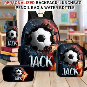 Custom Faux 3D Soccer Backpack Set with Water Bottle and Lunch Bag, Personalized Soccer School Supplies for Boys, Cool Back to School Gift