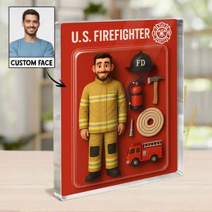 Personalisierte Foto Gesicht Feuerwehrmann Faux 3D-Figuren Box Acrylblock, kundenspezifische Feuerwehr-Arbeiter Faux 3D Cartoon Acryl Plaque