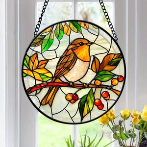 Robin Birds Faux Stained Glass, Robin Birds Suncatcher, Housewarming Gift, Bird Decor Gift, Floral Bird Natural Art, Gift for Mom or Grandma
