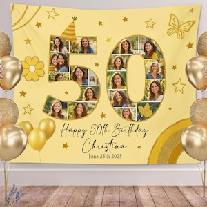 Personalized 50th Birthday Banner, 50 Birthday Decoration, 50th Birthday Backdrop, Gold Banner For 50th Birthday Party