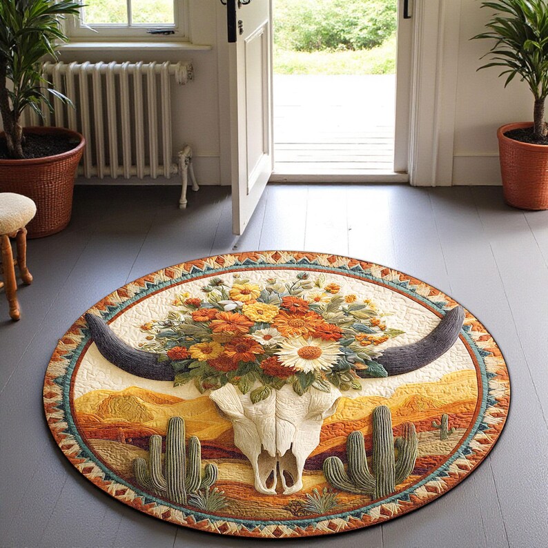 Southwestern Bull Skull Round Rug 3D, Bohemian Floral Cow Skull With ...