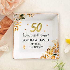 Custom 50th Wedding Anniversary Ceramic Ring Dish, Personalized Golden Floral Jewelry Holder, 50 Years Married Gift for Husband & Wife