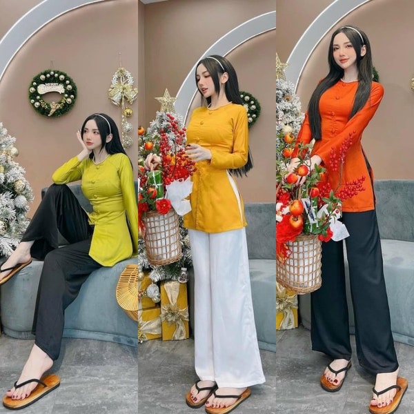 Pre-made - Ao Dai Viet Nam - Áo bà ba trơn đi lễ chùa cách tân thiết kế cúc bọc cổ tròn phối ngọc viền cổ áo kèm quần - Women's traditional