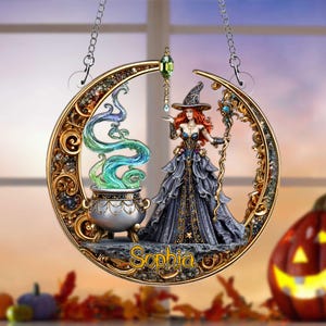 Personalized Witch And Moon Acrylic Window Hangings, Witch Halloween Gothic Decor, Scary Decor, Spooky Home Decor, Witch Halloween Gift