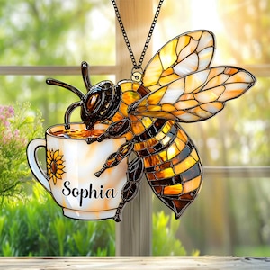 Personalized Bee With Flower Tea Cup Acrylic Window Hanging, Honeycomb Window Art, Nature-Inspired Decor, Garden Lover Gift, Bee Lover Gift