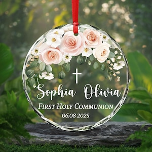Personalized First Holy Communion Glass Ornament, Custom Name Floral Baptism Gift, Catholic Sacrament Keepsake,First Communion Ornament Gift