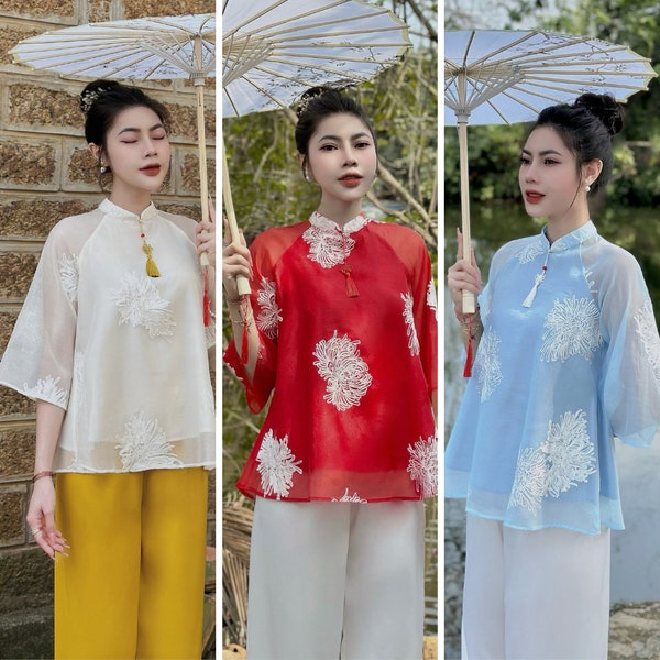 Pre-made - Ao Dai Viet Nam - Pháp phục đi lễ chùa tơ thêu hoa quỳnh cổ tau tiểu thư PP10 , Dharma clothes go to the temple