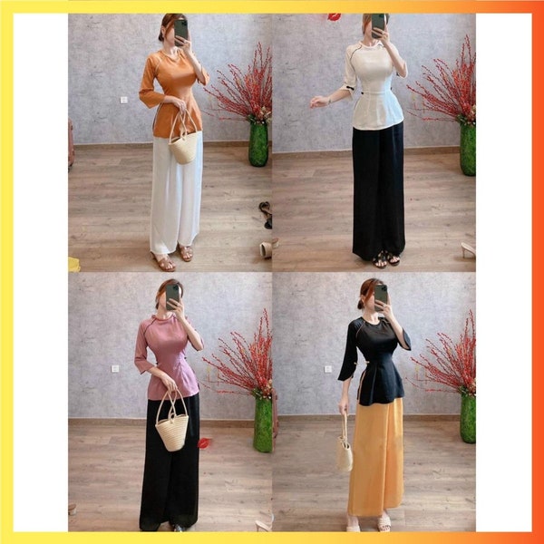 Pre-made - Ao Dai Viet Nam - Bộ áo bà ba lụa trơn viền cổ xoắn thiết kế mẫu mới đính nơ nhí - Plain silk granny dress