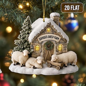 Ornement acrylique rustique personnalisé de grange de moutons, décoration de Noël personnalisée d&#39;animaux de ferme de moutons, cadeau unique de vacances de ferme pour elle et lui