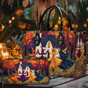 Halloween Witches Dancing Handbag and Wallet Set, Autumn Witch House Print Bag, Spooky Witchy Halloween, Witch Dancing Halloween, Witch Gift
