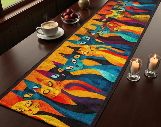 Colorful Cats Quilted Christmas Table Runner, Christmas Table Runner ...