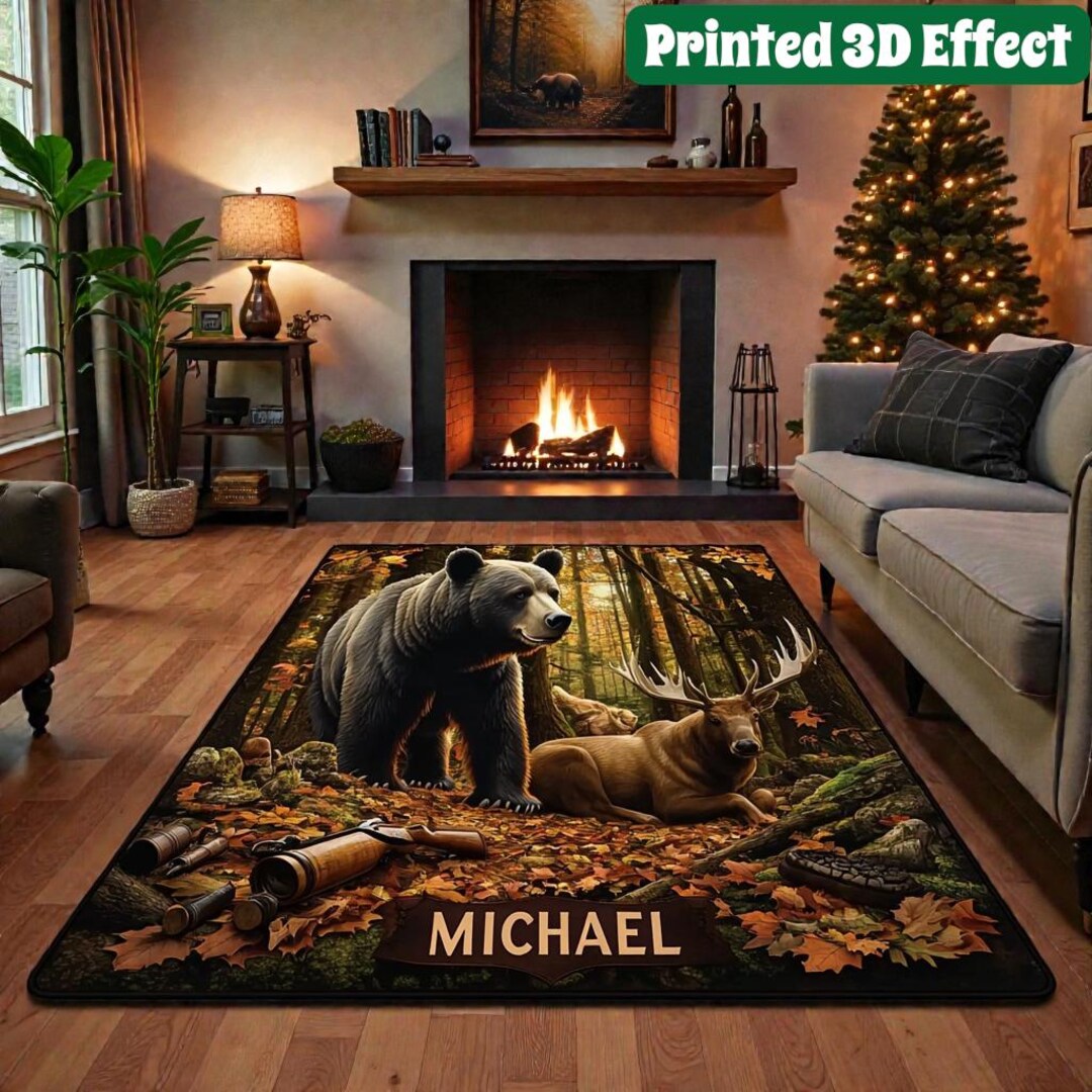 Rustic Hunting Rug 3D Illusion Mat, Print 3D Effect Floor Rug, Bear and ...