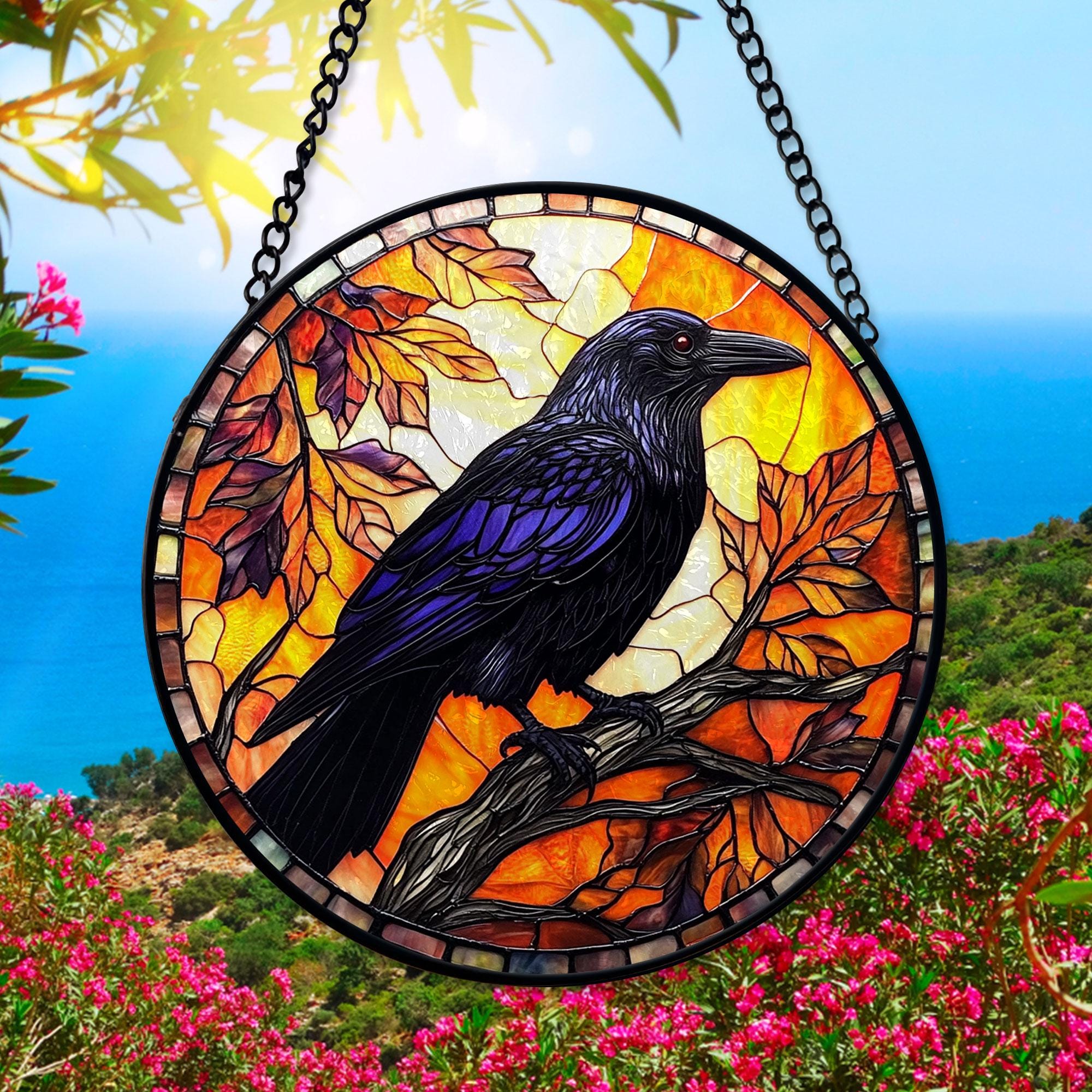 ゴシック カラス フェイクステンドグラス窓吊り下げ、カラスサン