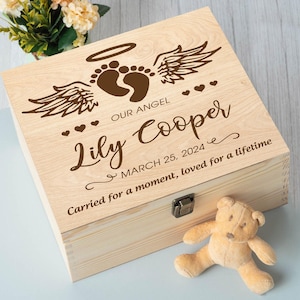 Scatola dei ricordi commemorativa personalizzata per bambini, scatola dei ricordi in legno per la perdita del bambino, memoriale per la perdita infantile, regalo in lutto per un bambino angelo, ricordo di aborto spontaneo