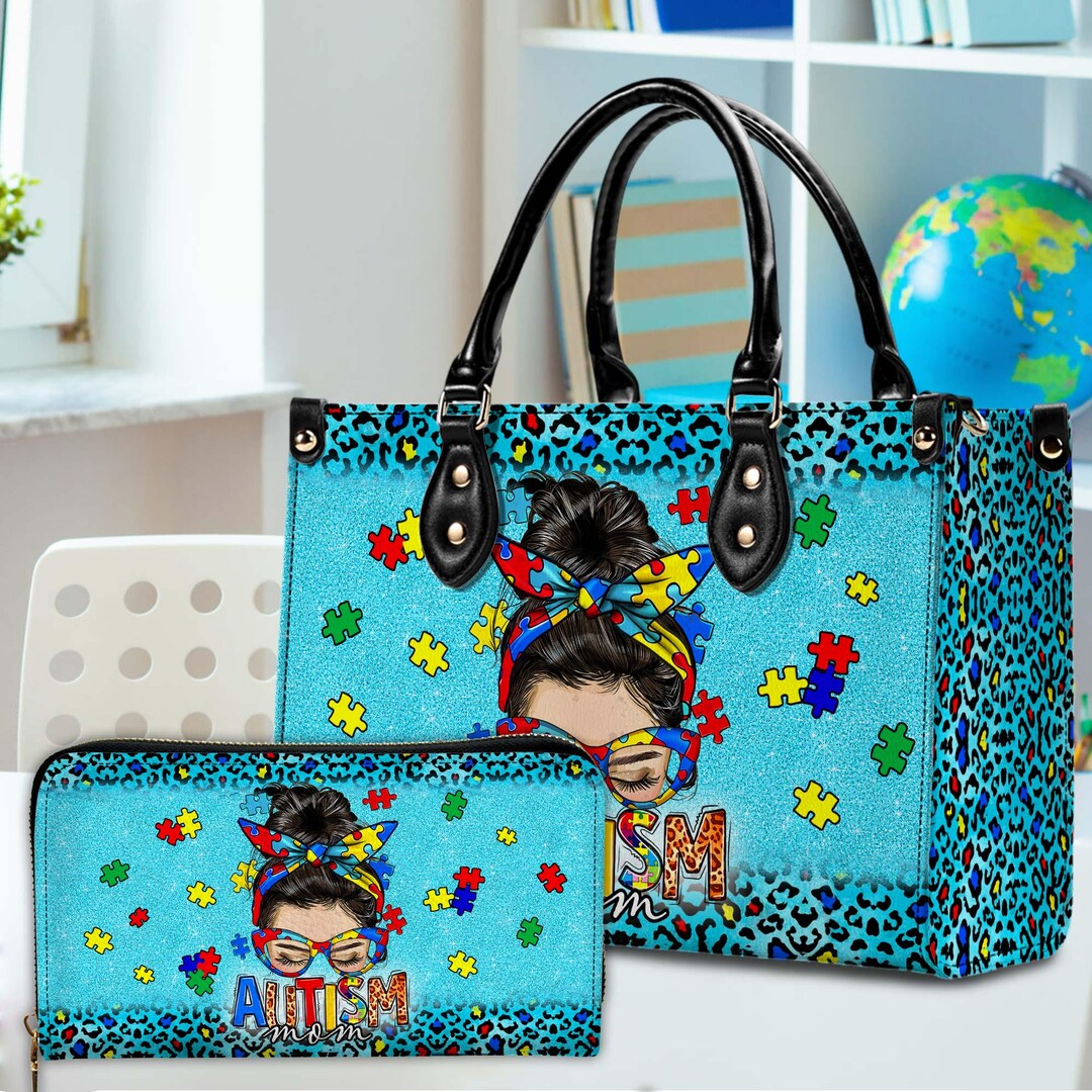 Autism Awareness Tote Bag – Large Reusable Shopping Bag With Puzzle Print – Durable Polyester Shoulder Bag