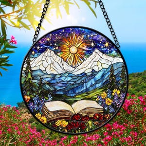 Mountain And Book Suncatcher, Book Mountain Faux Stained Glass, Night Court Bookshelf Decor, Bookish Gift, Fantasy Reader Gift, Book Gifts
