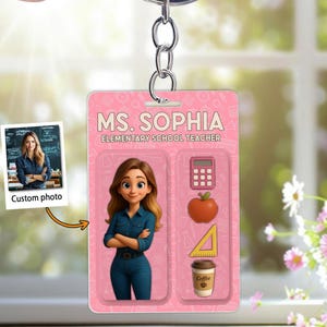 Benutzerdefinierte Lehrer Geschenk mit Foto, Faux 3D Cartoon Lehrer Porträt Acryl Schlüsselbund, personalisierte Lehrer Figur Box Schlüsselanhänger, Geschenk für Erzieher