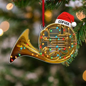 Personalisierte Horn Weihnachtsverzierung, kundenspezifische Messinginstrumenten-Baumdekoration, Geschenk für Musiker & Band-Liebhaber